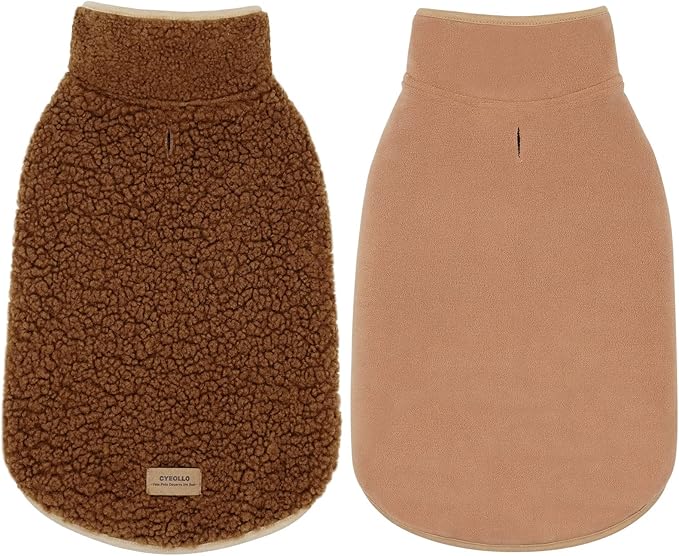 cyeollo Fleece Dog Jacket Reversible Turtleneck Furry Sweater Thick Dog Clothes for Winter Warm Cold Weather Coats for Small Medium Dogs Apparel, Brown, XL