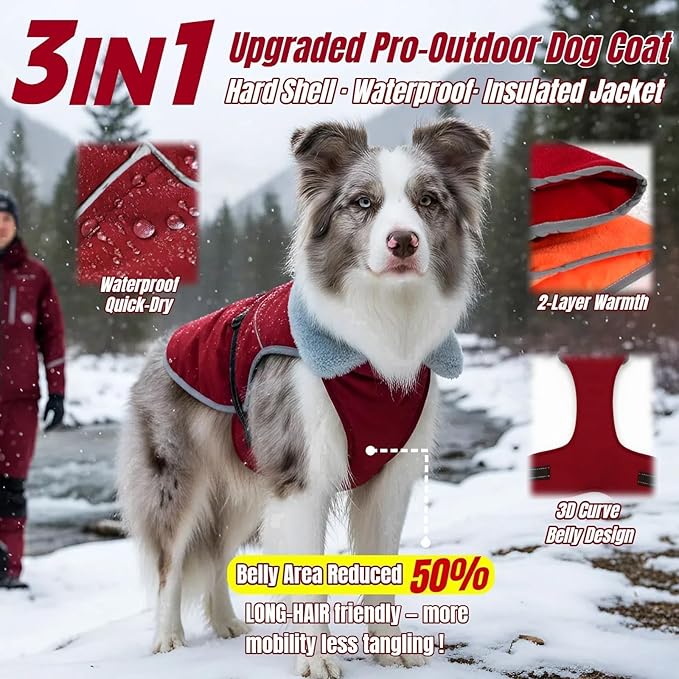 Insulated Relaxed Fit Dog Winter Coat with 360° Reflective Strips, Hard Shell Pet Sonw Jacket for Outdoor, Waterproof Apparel for Extra Large Dogs, Soft Fur Collar Clothes for Great Dane(Wine, 3XL)