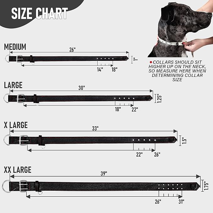 Riparo Dog Collar - Genuine Leather Dog Collars - Heavy Duty Dog Collars for Medium Large and Extra Large Dog Breeds (M: 1” Wide for 14” - 18” Neck, Black/Red Thread)
