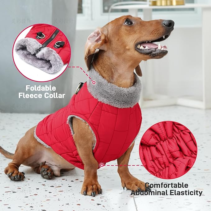 Warm Fleece Dog Coats with Durable Harness Buitl in D-Ring,Waterproof Doggie Jacket for Large Dogs,Dog Vest for Cold Winter,Red XXXL