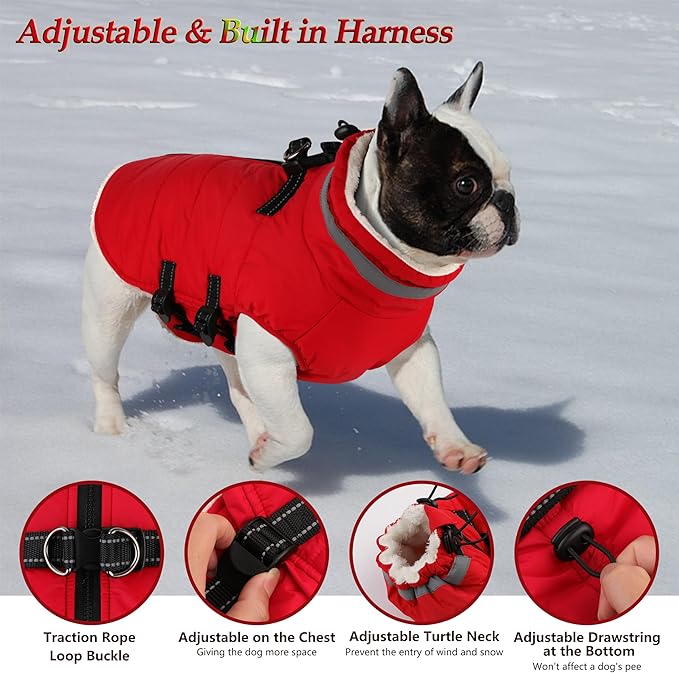 Dogcheer Dog Coat with Harness, Waterproof Dog Jacket Adjustable Pet Winter Coat with Zipper, Christmas Puppy Snow Jacket Fleece Sweater for Small Medium Large Dogs - Red S
