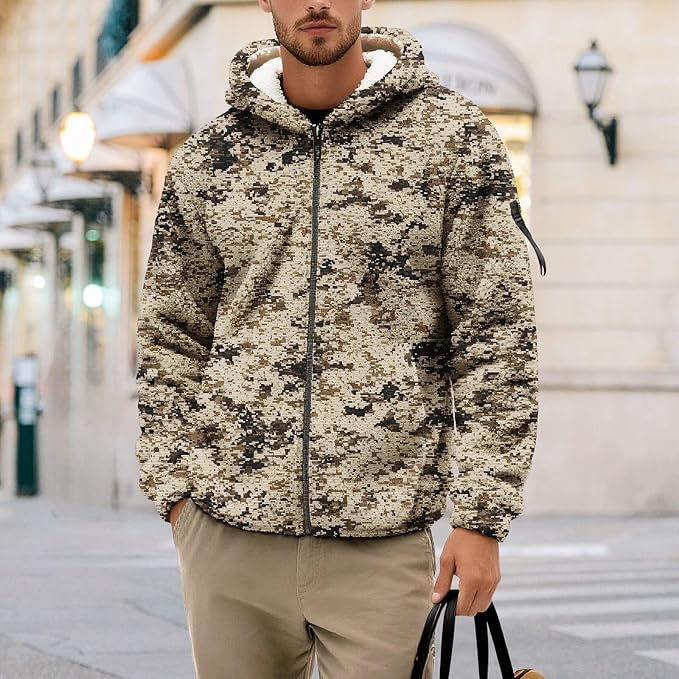 Men's Camouflage Hunting Fleece Lined Hoodie Camo Jackets Zip Up Long Sleeve Casual Winter Coats Hood Outerwear