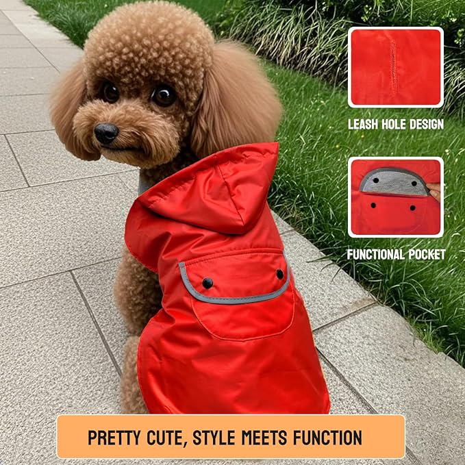 Small Dog Raincoat Rain Jacket for Puppy Dogs Reflective Poncho Rainwear Waterproof Pet Clothes Warm Lined Pocket Hooded Leash Hole Adjustable,Red,XS,Back Length 6.3 Inch