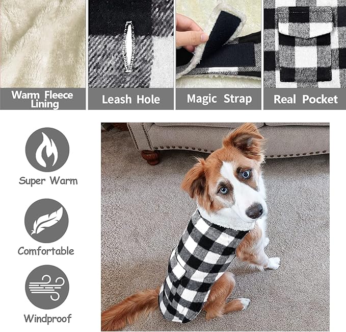 Malier Classic Plaid Fleece Dog Coat - Warm Winter Jacket with Pocket, Windproof for Small to Large Dogs (White, Large)