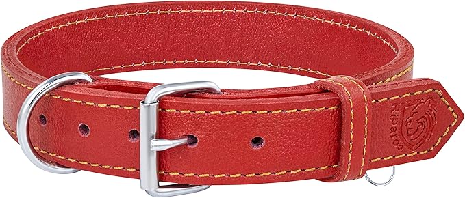 Riparo Dog Collar - Genuine Leather Dog Collars - Heavy Duty Dog Collars for Medium Large and Extra Large Dog Breeds (XL: 1.5” Wide for 22” - 26” Neck, Red)