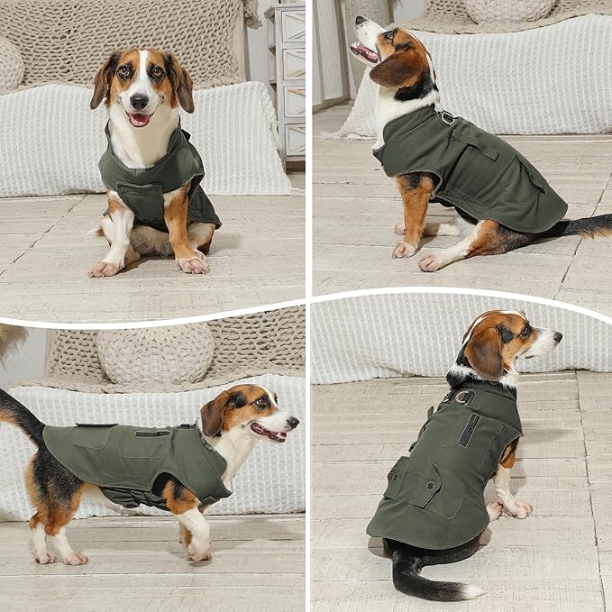 Workwear Style Dog Coats with Harness Built in for Small Dogs Windproof Warm Puppy Jacket with Storage Pockets for Cold Winter,Green M