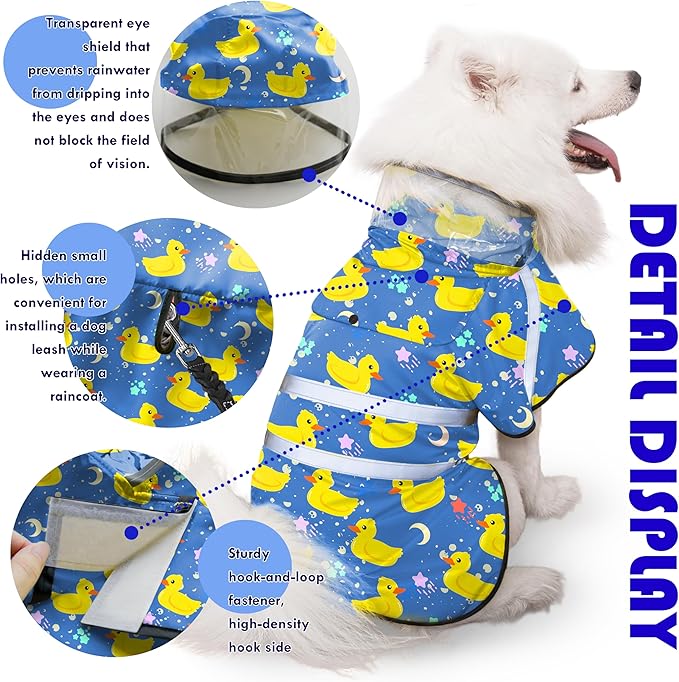 Dog Raincoat, Adjustable Rain Jacket with Hooded Double Layer for Large Medium Small Dogs Puppies, Lightweight Waterproof Rain Coat Poncho with Reflective Stripe Duck Blue,S