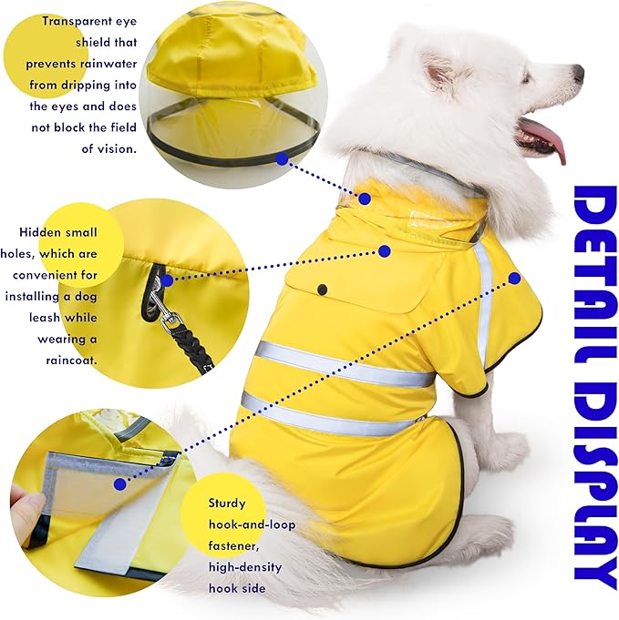 Dog Raincoat, Adjustable Rain Jacket with Hooded Double Layer for Large Medium Small Dogs Puppies, Lightweight Waterproof Rain Coat Poncho with Reflective Stripe Yellow,XXL