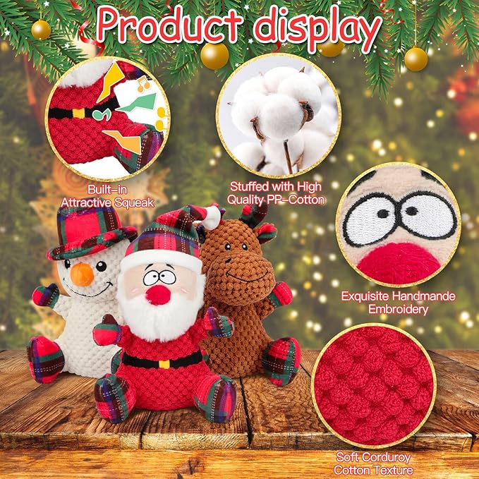 Rypet 3 Pack Dog Christmas Toys Pet Stuffed Plush Toys Interactive Durable Dogs Chew Toys for Medium Small Dogs