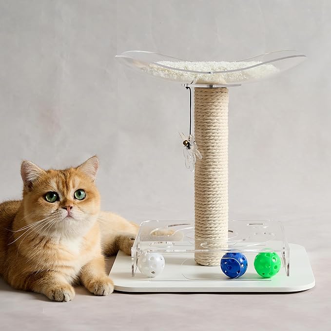 Modern 3-in-1 Interactive Cat Toy with Puzzle Box, Cat Bed/Perch & Scratching Posts, Colorful Jingle Balls, Dangling Accent, Puzzle Toys for Indoor Cats, Acrylic, White