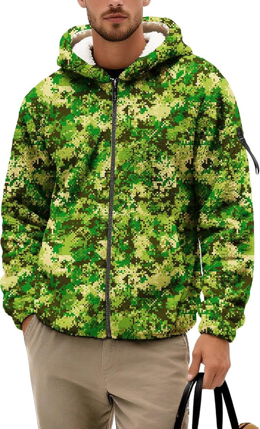 Men's Camouflage Hunting Fleece Lined Hoodie Camo Jackets Zip Up Long Sleeve Casual Winter Coats Hood Outerwear