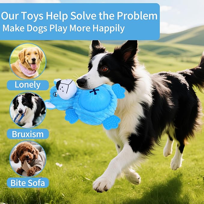 Interactive Dog Toys, Plush Dog Toy with Treat Dispensing Ball, Squeaky Dog Toy with Cute Plastic Paws for Playing,Slow Eat Hiding Food Enrichment Toy for Small & Medium Breeds (Blue)