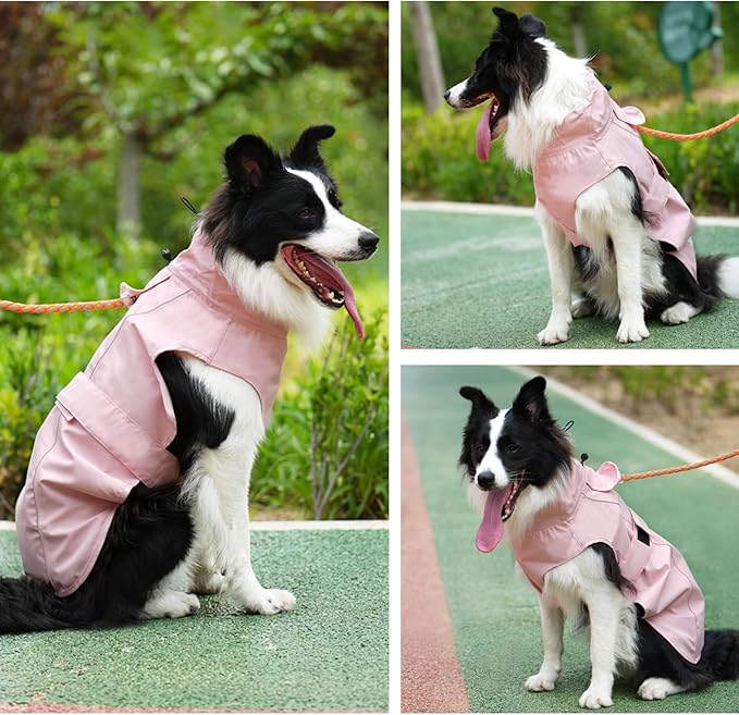 Waterproof Dog Raincoat, Adjustable Lightweight Dog Rain Jacket with Reflective Strip Leash Hole for Small Medium Large Dogs (Pink, XX-Large(55-77lb))