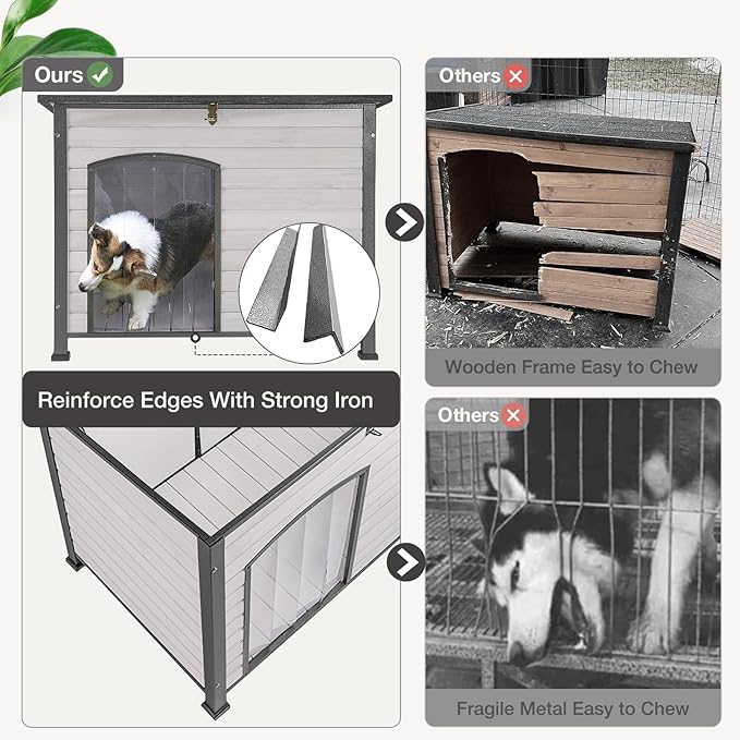 Dog House Outdoor Dog House for Small Medium Large Dogs, Natural Wood with Iron Frame, Waterproof Roof Raised Feet (43.3" L-White)