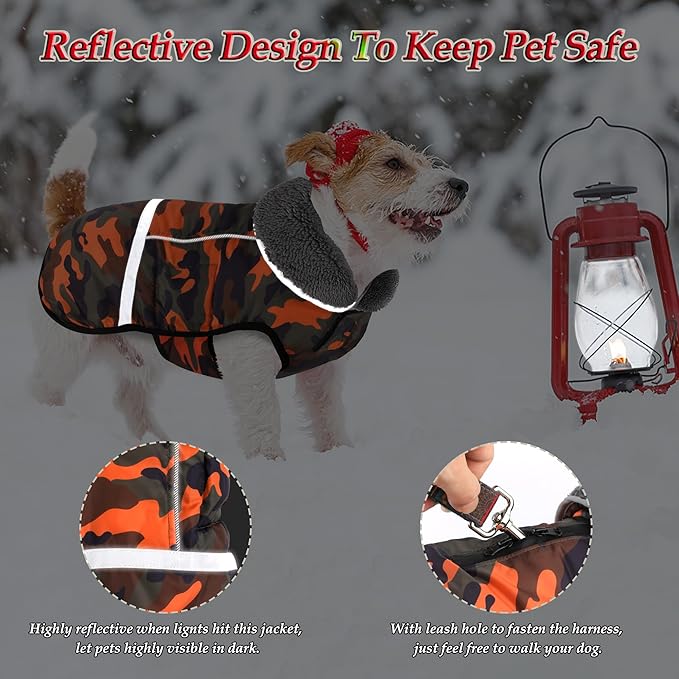 Dogcheer Warm Dog Coat, Waterproof Dog Jacket Christmas Puppy Winter Coat with Buckle, Reflective Adjustable Pet Snow Jacket Turtleneck Fleece Sweater for Small Medium Large Dogs - Orange Camo, S