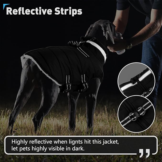 Dogcheer Dog Coat, Waterproof Dog Jacket with Harness, Reflective Adjustable Winter Coat with Zipper, Christmas Pet Snow Jacket Clothes for Small Medium Large Dogs - Black S