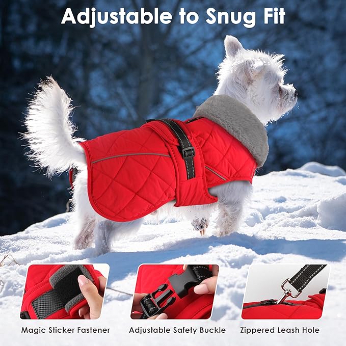 Dog Coat, Waterproof Dog Winter Jacket with Adjustable Buckle, Reflective Turtleneck Pet Snow Vest Warm Fleece Sweater for Small Medium Large Dogs - Red, M