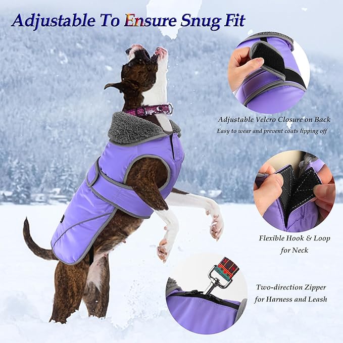 Dogcheer Dog Coat, Waterproof Dog Jacket Reflective Pet Winter Coat with Adjustable Hook & Loop, Christmas Puppy Fleece Jacket Warm Turtleneck Snowsuit for Small Medium Large Dogs - Taro Purple, XL