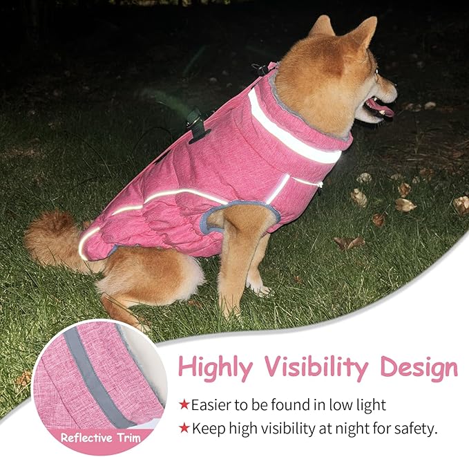 Malier Dog Coat, Reflective Dog Jacket Waterproof Windproof Puppy Cold Weather Coats with Harness Built in, Winter Extra Warm Pet Coat Fleece Vest for Small Large Pets and Puppy (Pink, Small)