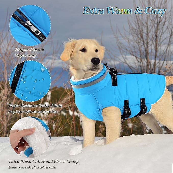 Dogcheer Dog Coat with Harness, Waterproof Dog Jacket Adjustable Pet Winter Coat with Zipper, Christmas Puppy Snow Jacket Fleece Sweater for Small Medium Large Dogs - Sky Blue S