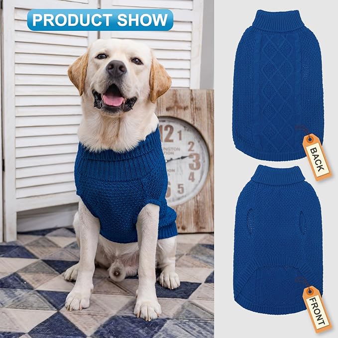 Mihachi Turtleneck Dog Sweater - Winter Coat Apparel Classic Cable Knit Clothes with Leash Hole for Cold Weather, Ideal Gift for Pet in New Year Royal Blue Medium