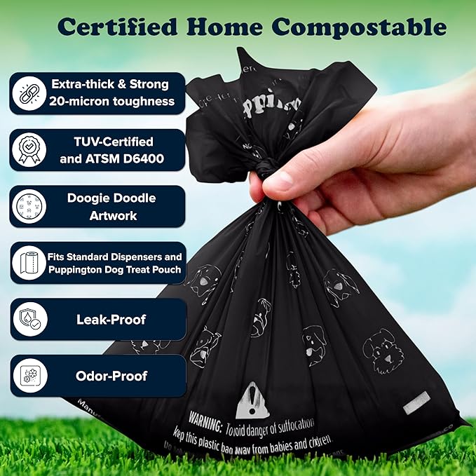 Puppington Certified Home Compostable Poop Bags - ASTM D6400 Compliant - 270 Extra Thick Bags - Plant Based - Pairs with Puppington 3-in-1 Bag & Fits all Standard Poop Bag Dispensers (Onyx Black)