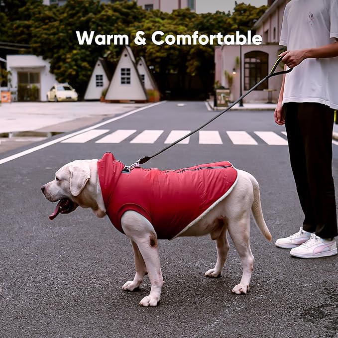 Fleece Lining Dog Hoodie with Harness Built in,Extra Warm Medium Dog Jacket in Winter Doggie Coats with Hooded,Red XL