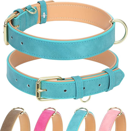 Leather Dog Collar for Small Medium Large Dogs, Soft Padded Dog Leather Collar with Heavy Duty Gold Buckle, Durable & Comfortable for Puppy Dogs Daily Walking (Teal, XS)