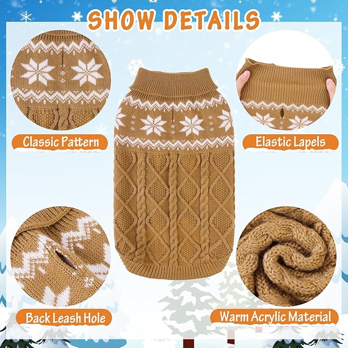 Warm Winter Dog Sweater - Cold Weather Pet Clothes for Small Medium Large Dogs Indoor Outdoor, Soft Classic Knit Puppy Apparel, Khaki, SM