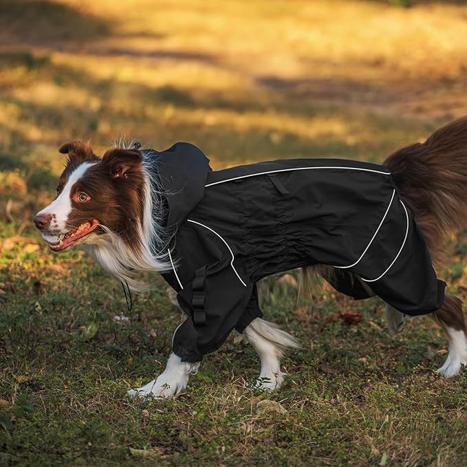 OneTigris Dog Raincoat with Hood for Medium Large Dogs, Waterproof & Reflective, 4 Legs Dog Rain Jacket Adjustable Puppy Poncho for The Rain and Snow (Black, X-Large)