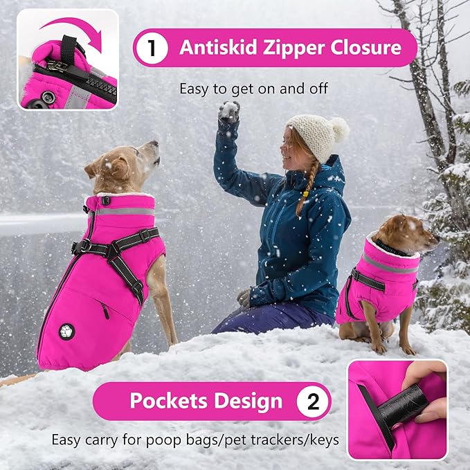Dogcheer Dog Coat with Harness, Waterproof Dog Jacket Christmas Pet Winter Coat with Pockets, Reflective Doggy Turtleneck Fleece Jacket for Small Medium Large Dogs - Pink, M