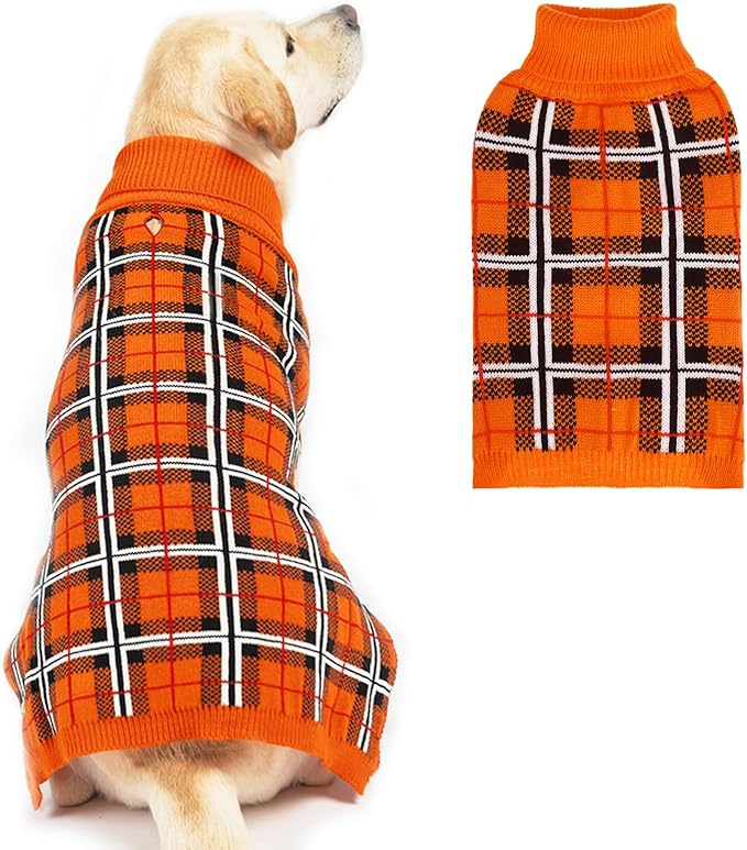 PUPTECK Dog Sweaters for Large Medium Small Dogs - Fall Classic Plaid Style Puppy Holiday Winter Coat Clothes Warm, Reddish Orange, ML