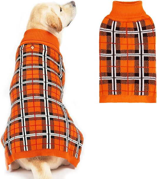 PUPTECK Dog Sweaters for Large Medium Small Dogs - Fall Classic Plaid Style Puppy Holiday Winter Coat Clothes Warm, Reddish Orange, ML