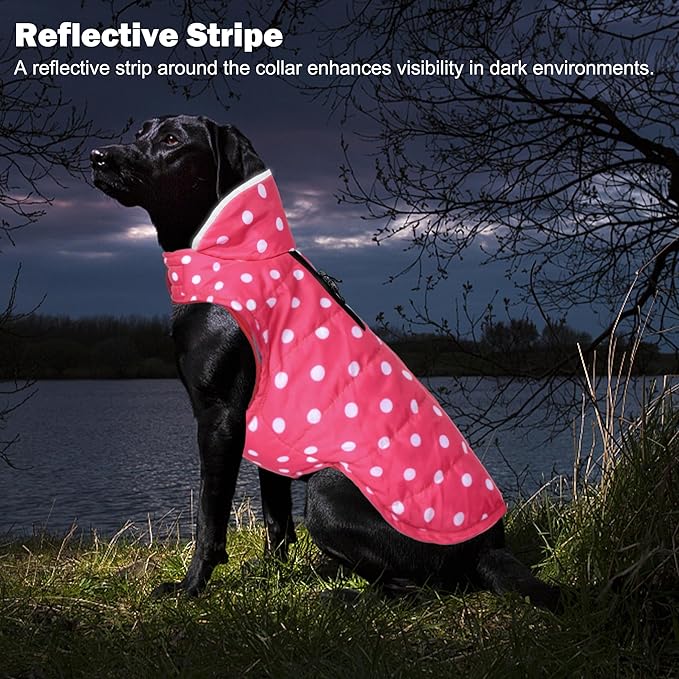 Dog Winter Coat, Waterproof Dog Jacket with Leash Hole, Reflective Adjustable Pet Snow Vest, Warm Fleece Sweater for Small Medium Large Dogs - Pink Polka Dot, XL