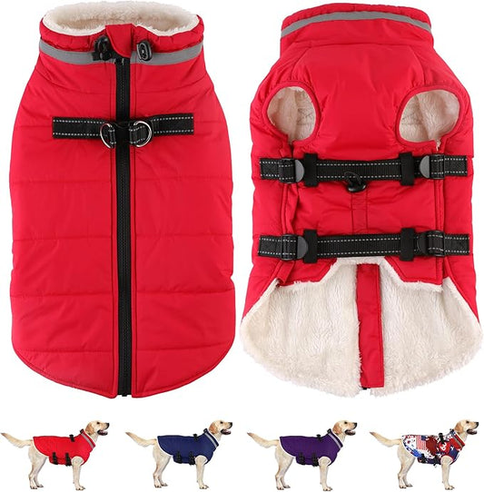 Dogcheer Dog Coat with Harness, Waterproof Dog Jacket Adjustable Pet Winter Coat with Zipper, Christmas Puppy Snow Jacket Fleece Sweater for Small Medium Large Dogs - Red 2XL