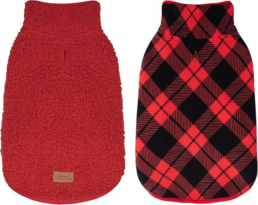 cyeollo Small Dog Coat, Sherpa Dog Winter Coat Reversible Warm Fleece Dogs Jackets Sweater Vest for Small Dogs Male with Leash Hole, Soft Cold Weather Pet Clothes, Buffalo Plaid L