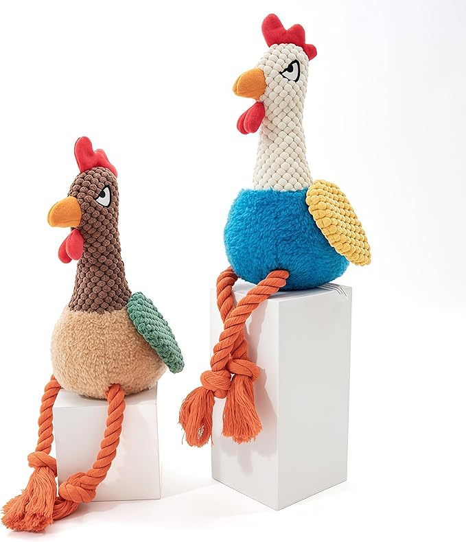 Plush Chicken Dog Toy with Squeaker, Interactive Rope Legs, Colorful Textured Rooster Chew Toy for Small, Medium Dogs, Tug-of-War, Fetch