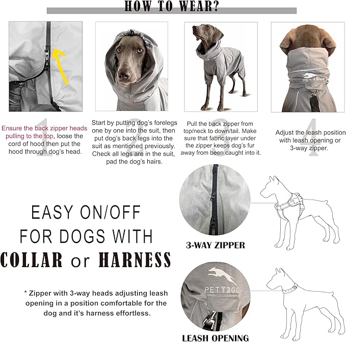 Dog Lightweight Windbreaker, Pet Outdoor Sports Jacket, 0.5 lbs,3 in One, Hooded, Easy on/Off with Collar and Harness, Reflective Piping, Packable, Dog Hiking/Camping, Grey (XXX-Large)