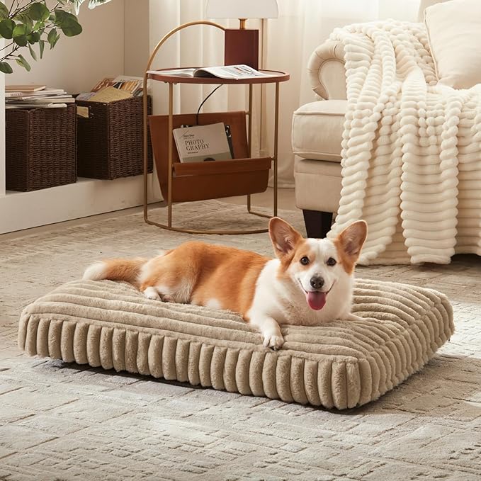 Dog Bed Medium Size Dog, Flat Pet Beds with Removable Washable Cover, Pet Mat Cute Crate Bed Thick Shredded Chopped Crate Foam & Anti Slip Bottom for Indoor, 29"x21"x3" Beige