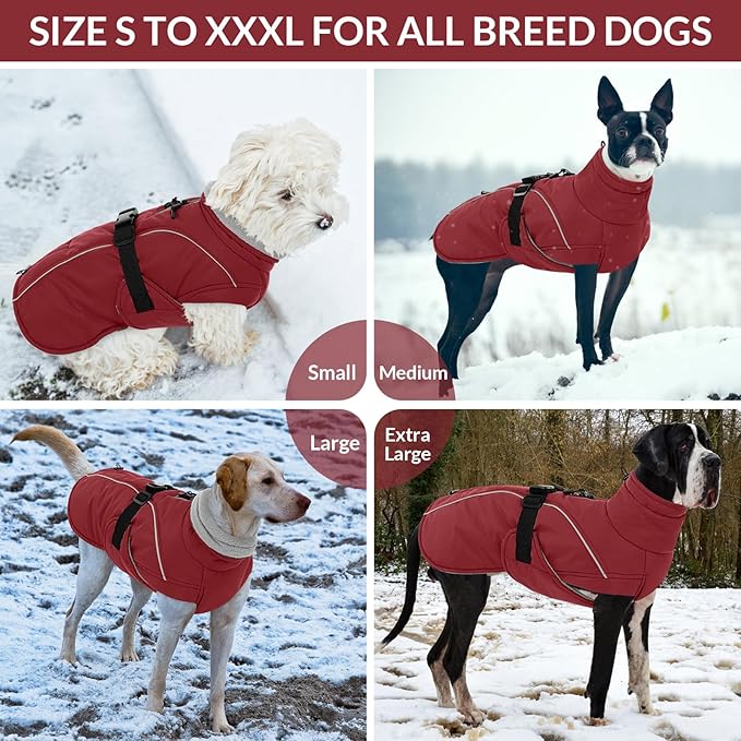 Queenmore XXL Dog Coat, Winter Jacket for Large Dogs, Waterproof Puffy Snowsuit, Adjustable Reflective Fleece Lining Warm Padding Parka for Cold Weather, Red 2XL