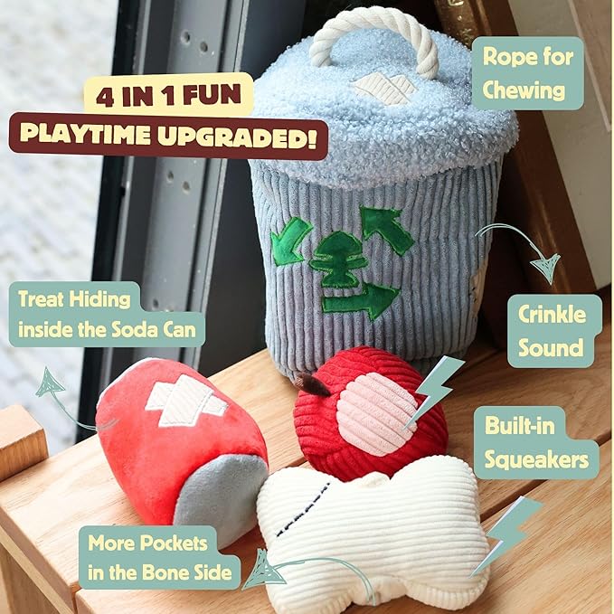 Squeaky Dog Toy, Interactive Plush Hide & Seek Puzzle Toys for Small Medium Large Dogs – Treat Dispenser 4-in-1 Durable Chew Toy, Dog Birthday for Dog Gifts (Trash Can)