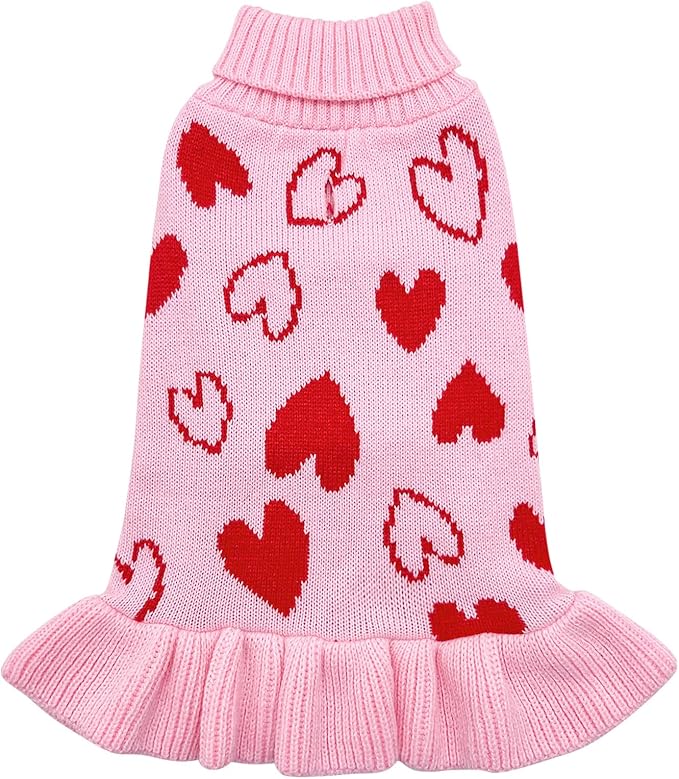 cyeollo Valentines Day Dog Sweater Dress Dog Clothes Pullover Turtleneck with Leash Hole Heart Pattern Holiday Theme Female Pet Apparel for Small Dogs