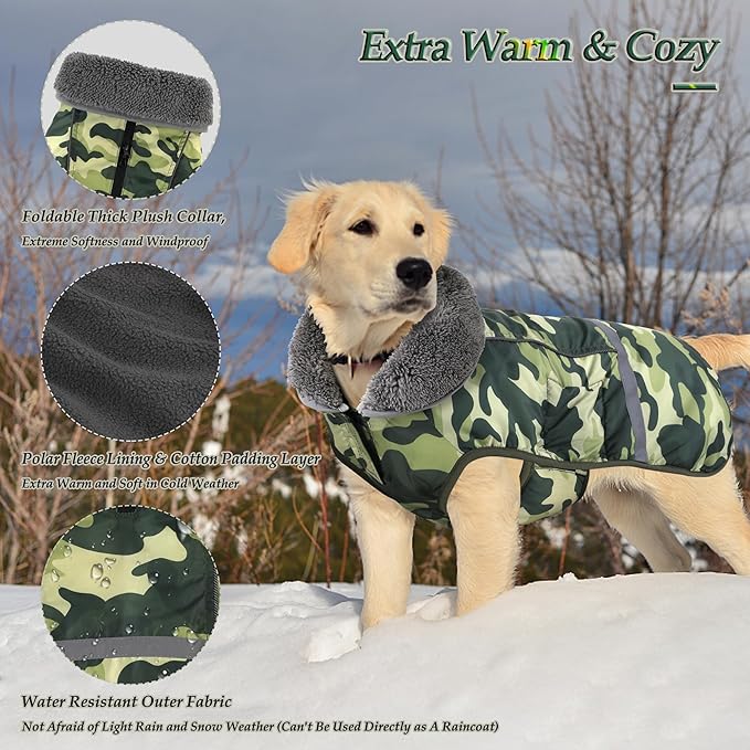 Dogcheer Warm Dog Coat, Waterproof Dog Jacket Reflective Adjustable Puppy Winter Coat with Buckle, Christmas Pet Snow Jacket Turtleneck Fleece Sweater for Small Medium Large Dogs- Camo Green, L