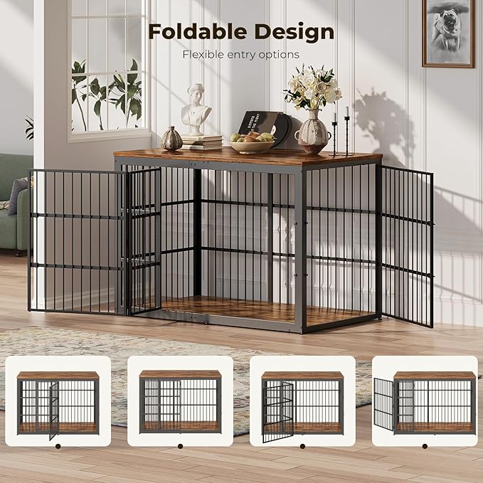 Lyromix 54" Dog Crate Furniture with Foldable Door, XXL Dog Crates for Large Dogs, Wooden Decorative Dog Cage Kennel Indoor End Table, Rustic Brown
