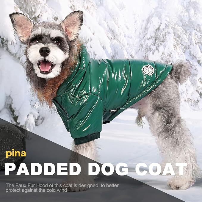 PINA Dog Winter Coat with Faux Fur Hood, Windproof and Warm, Suitable for Small to Large Dogs, Green, M