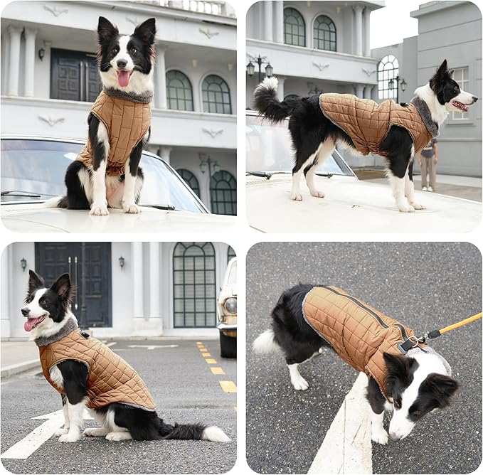 Warm Fleece Dog Coats with Durable Harness Buitl in D-Ring,Waterproof Doggie Jacket for Large Dogs,Dog Vest for Cold Winter,Burnished Khaki XXL