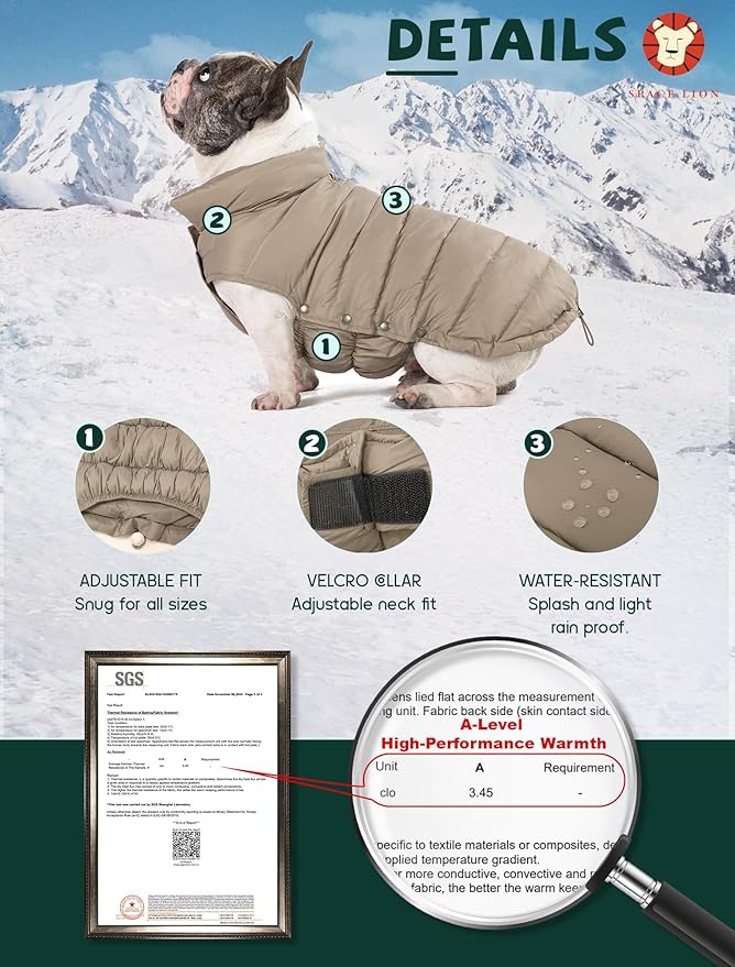 SPACE LION Dog Puffer Jacket, Down Winter Coat, Durable Outdoor Coat for Cold and Windy Conditions, Waterproof, Lightweight Jacket, Adjustable Fit for Small, Medium, Large Dogs(Khaki,16/XL)