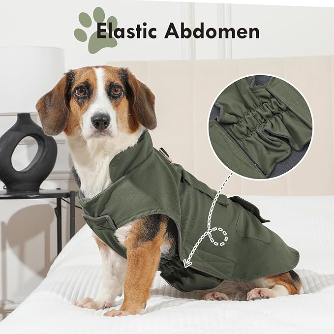Workwear Style Dog Coats with Harness Built in for Small Dogs Windproof Warm Puppy Jacket with Storage Pockets for Cold Winter,Green XXL