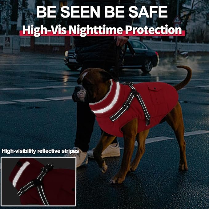 Dogcheer Dog Coat with Harness, Waterproof Warm Dog Winter Jacket with Pockets, Reflective Pet Fleece Jacket Turtleneck Snowsuit for Small Medium Large Dogs - Red, 3XL