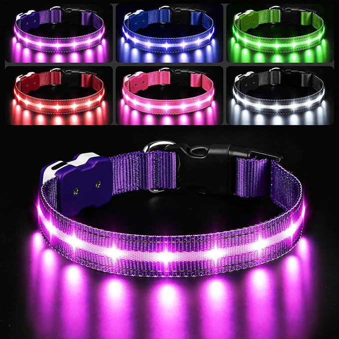 PcEoTllar Light Up Dog Collars, Led Dog Collar, Rechargeable, Night Walking, Waterproof, Glow in The Dark Dog Collars Light for Large Small Medium Dogs, Purple l